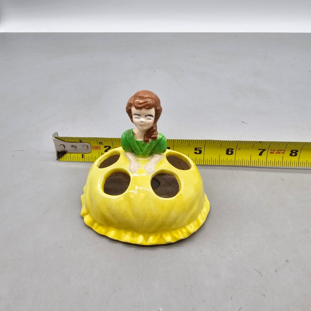 Vintage 1974 Lana Signed Ceramic Girl Flower Frog Figurine Yellow Green Dress